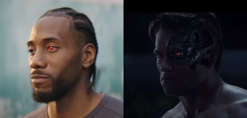 scatto fotografico del promotional di Terminator destino oscuro con Kawhi Leonard che rappresenta un terminator e a fianco l immagine del primo terminator di Arnold Schwarzenegger  