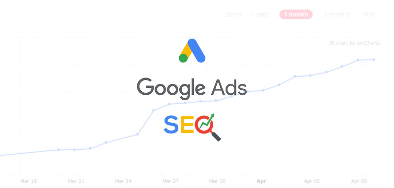 background con grafico e logo di google ads affiancato alla scritta seo al fine di ricordare come scalare le posizioni su google.