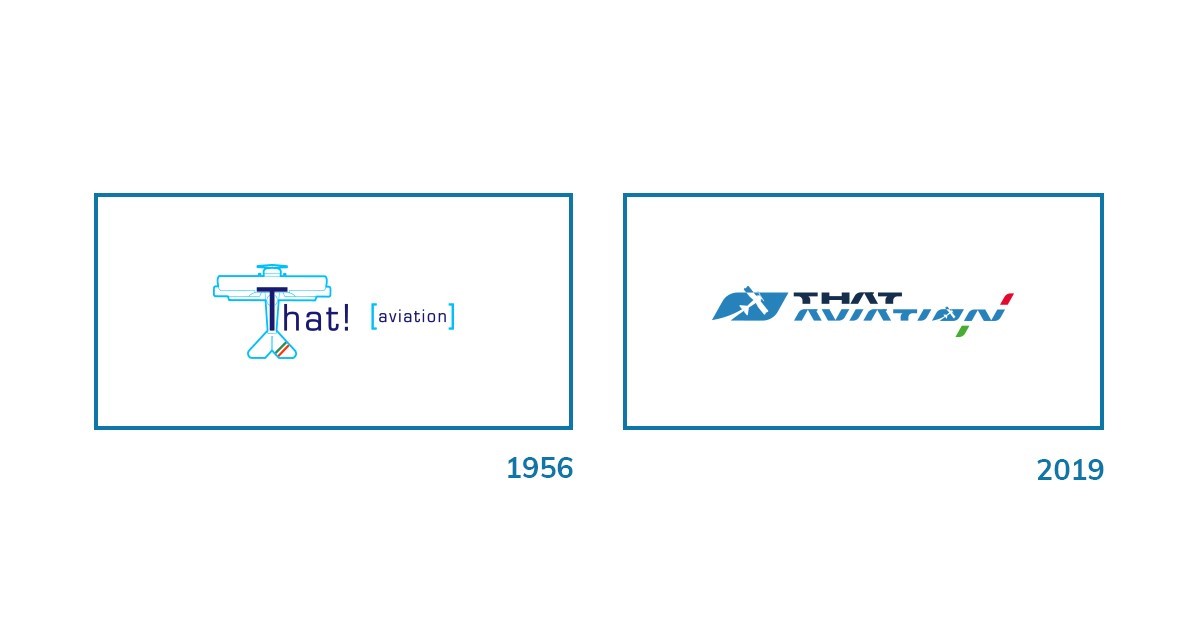 Affiancamento del logo realizzato nel 1956 e del nuovo logo realizzato nel 2019 per il broker aeronautico THAT AVIATION ITALIA Srl