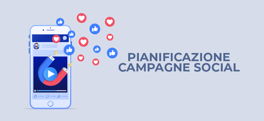 Pianificazione campagna social rappresentata da un telefono in vettoriale con una calamita che attira i like e i follower di una campagna social media