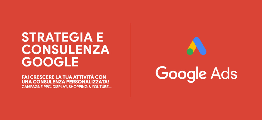 Logo di Google Ads su sfondo rosso per cogliere l'attenzione dell'utente sulla strategia e consulenza che l'agenzia può offrire ai propri clienti